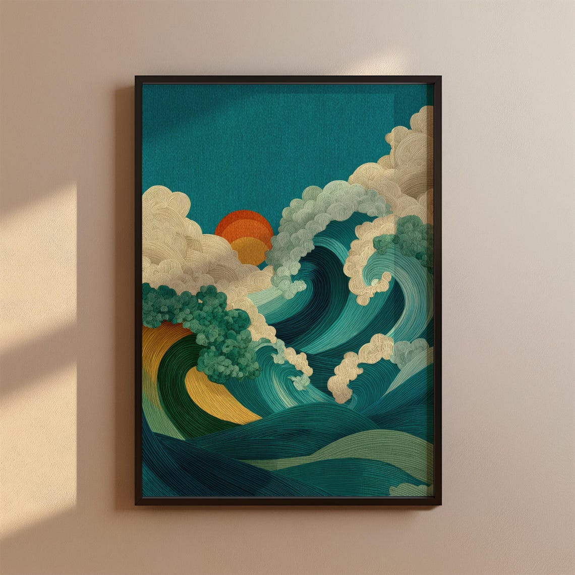 Japanese Style Ocean Waves Orange Sunset Teal Abstract Wall Art