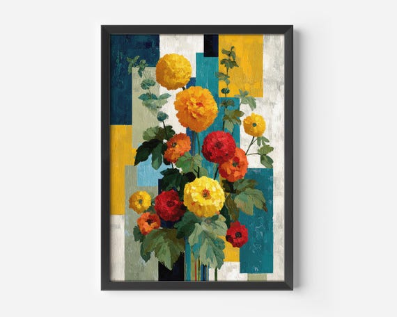 Colorful Living Room Art Print Vintage Floral Vibrant Yellow Red Poster Illustration Exquisite Wall Decoration Scandi Design Office Kitchen