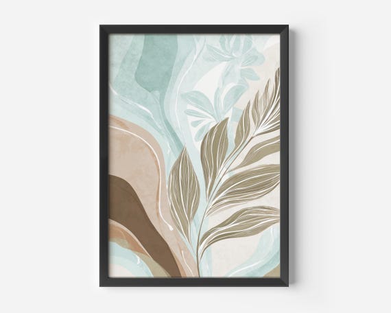 Modern Living Room Wall Decor Natureinspired Poster Beige Blue Green Leaves Illustration Scandinavian Minimalist Art Prints Boho