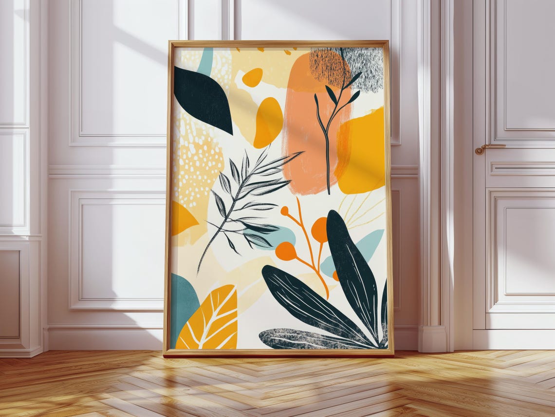 Abstract Botanical Leaves In Orange And Teal Modern Art Poster