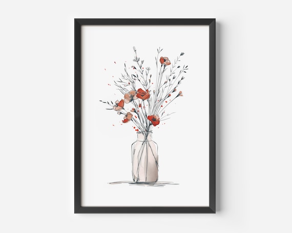 Living Room Art Floral Scandi Flower Arrangement Poster Watercolor Illustration Vases Decoration Minimalist Nature Touch Hallway Dining