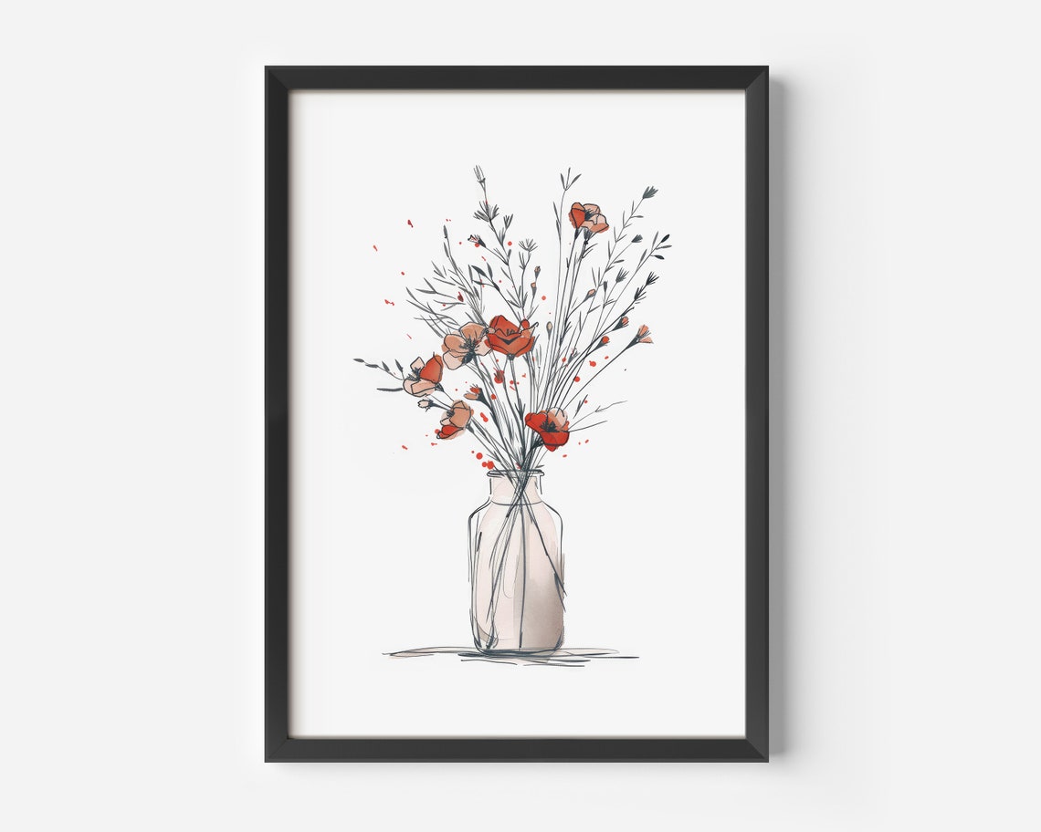 Minimalist Wildflower Sketch Vase Line Art Floral Decor Poster