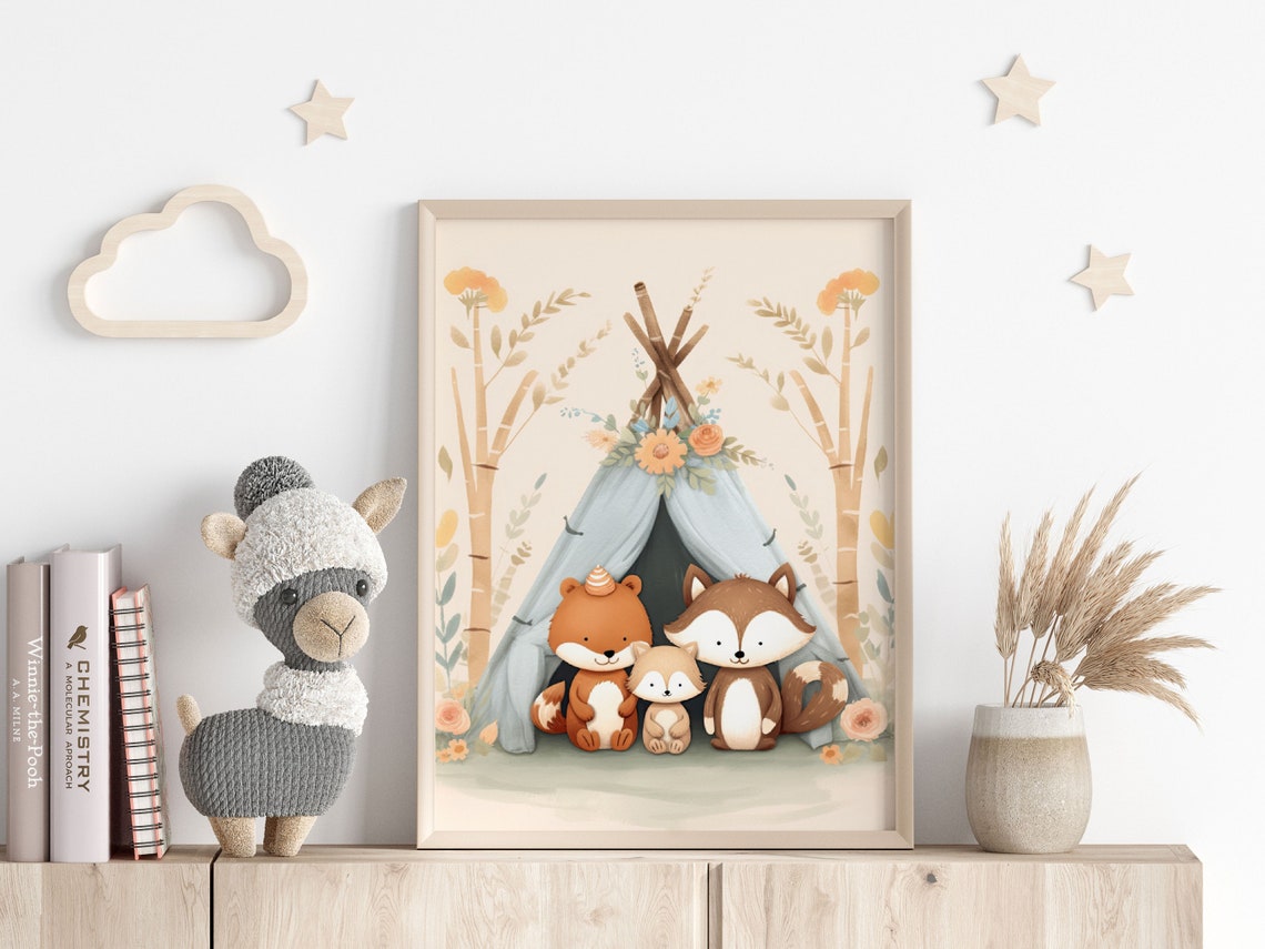 Cute Fox Family Teepee Scandinavian Woodland Nursery Wall Art