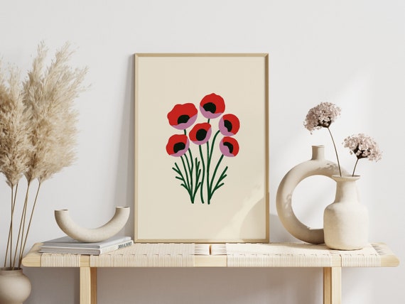 Modern Living Room Decor Scandi Flower Poster Red Poppies Illustration Minimalist Art For Hallways And Bedrooms Prints Decoration