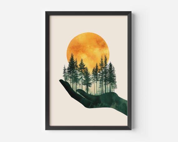 Living Room Artwork Nature Boho Wall Decoration With Sun Motif Forest Trees In Hand Illustration Harmonious Minimalist Poster
