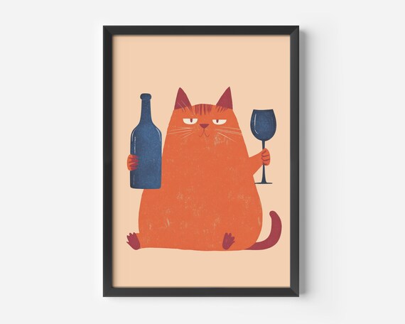 Funny Orange Cat Holding Wine Bottle and Glass Whimsical Poster