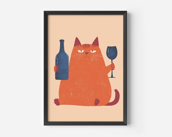 Modern Living Room Decor Funny Cat Illustration Orange Blue Apricot Art Print Retro Humorous Wall Kitchen Office