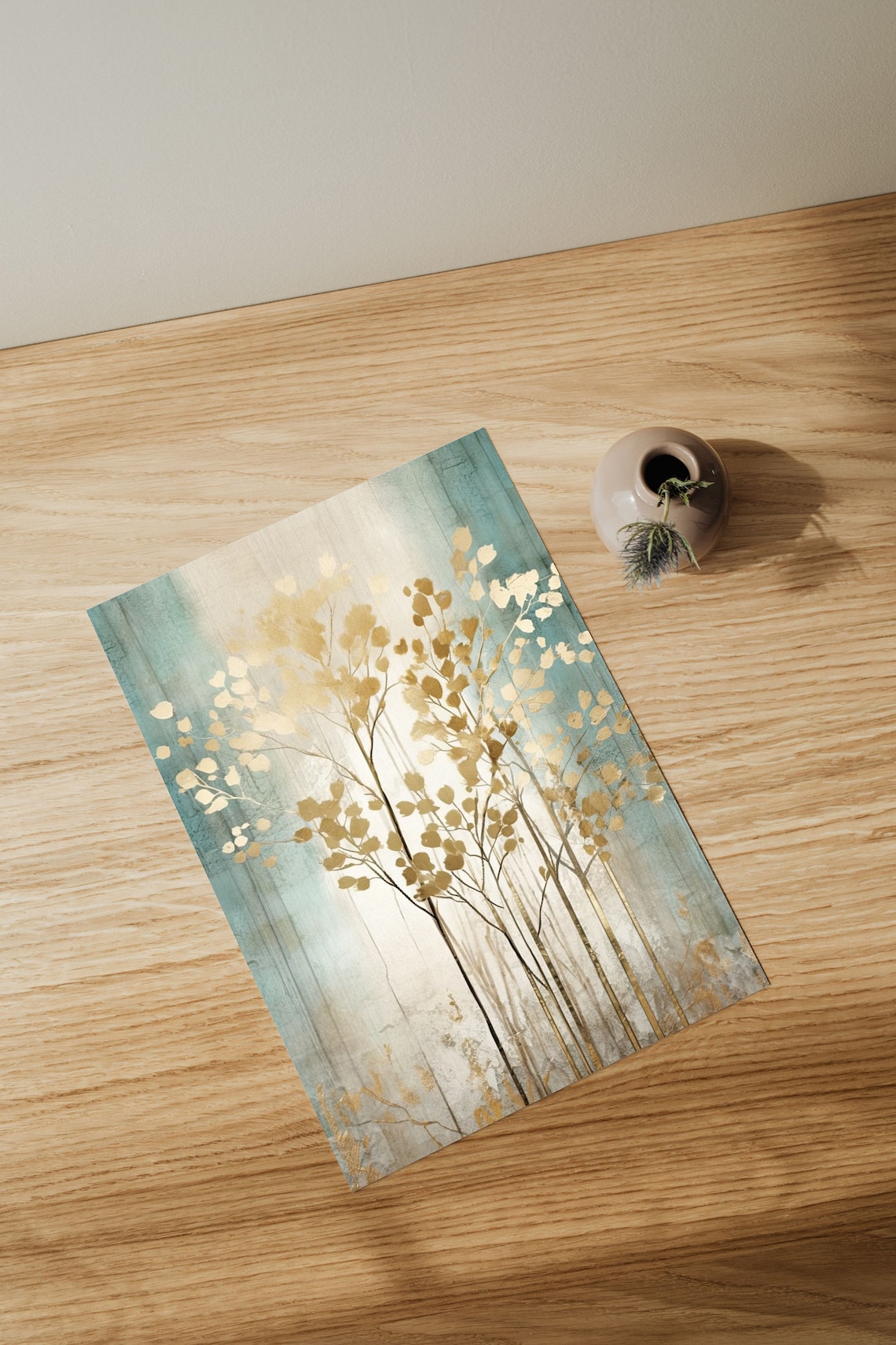 Golden Trees On Turquoise Modern Nature Poster