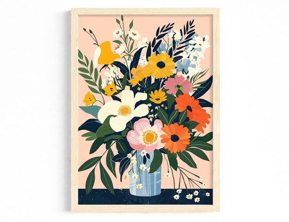 Floral Living Room Decor Scandinavian Colorful Wall Art Spring Illustration Bouquet Creative Prints Pastel Tones Kitchen Office