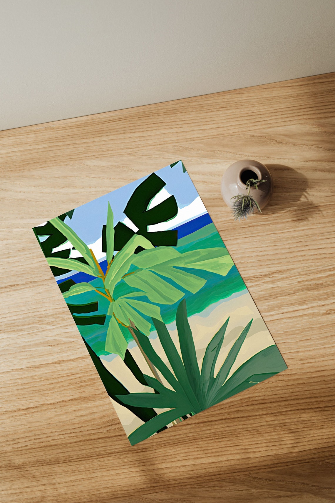 Tropical Beach Palms Graphic Blue and Green Ocean Art Poster