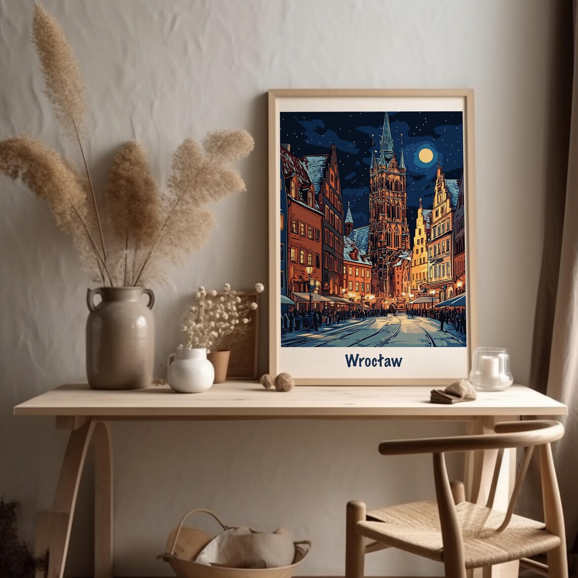 Wroclaw Moonlit Old Town Night Church Tower Travel Poster Poland - Image 5