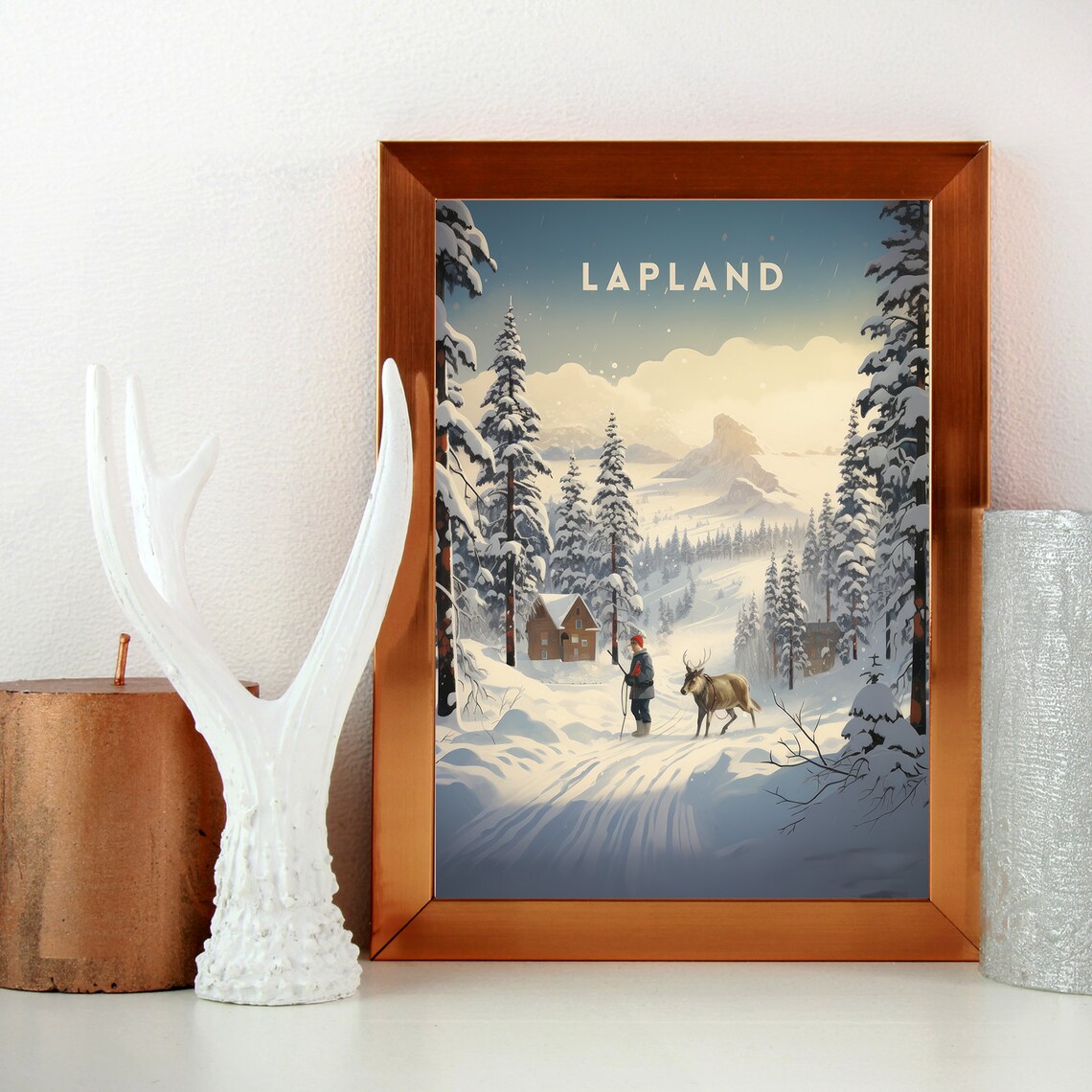 Lapland Vintage Travel Snowy Forest Reindeer Cabin Scene Poster - Image 4