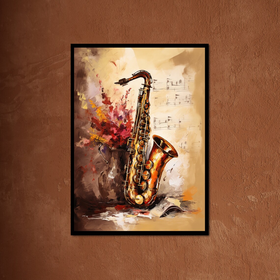 Golden Saxophone Still Life Oil Painting Flowers Sheet Music Poster - Image 3