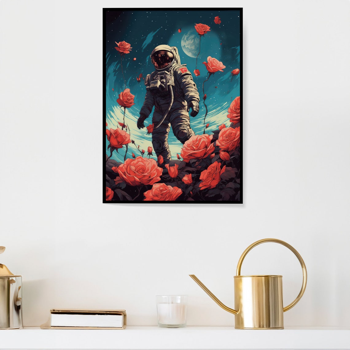 Astronaut Walking Among Giant Red Roses Space Fantasy Art Poster - Image 4