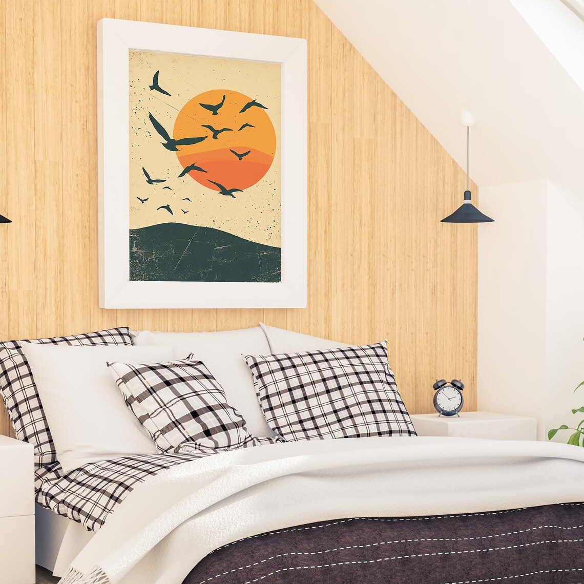 Flock Of Birds Flying Over Large Orange Sun Sunset Minimal Poster - Image 6