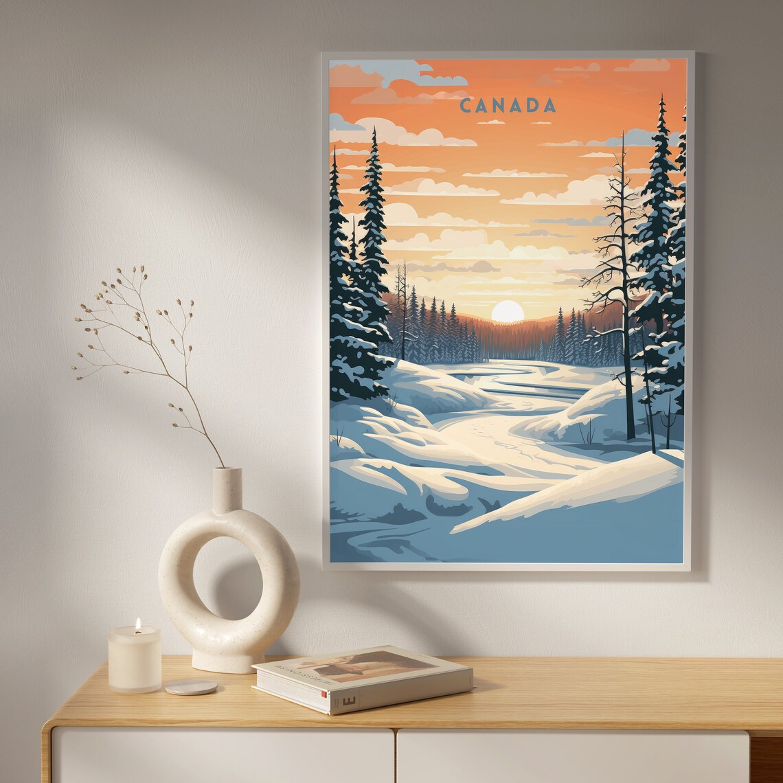 Canada Winter Wonderland Snowy Forest River Sunset Travel Poster - Image 3