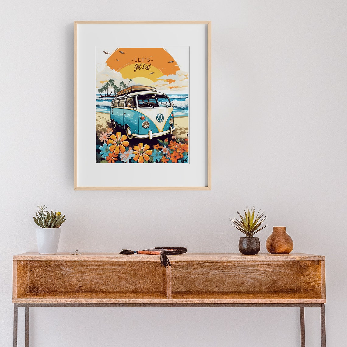 Lets Get Lost VW Camper Van Beach Sunset Floral Adventure Poster - Image 3