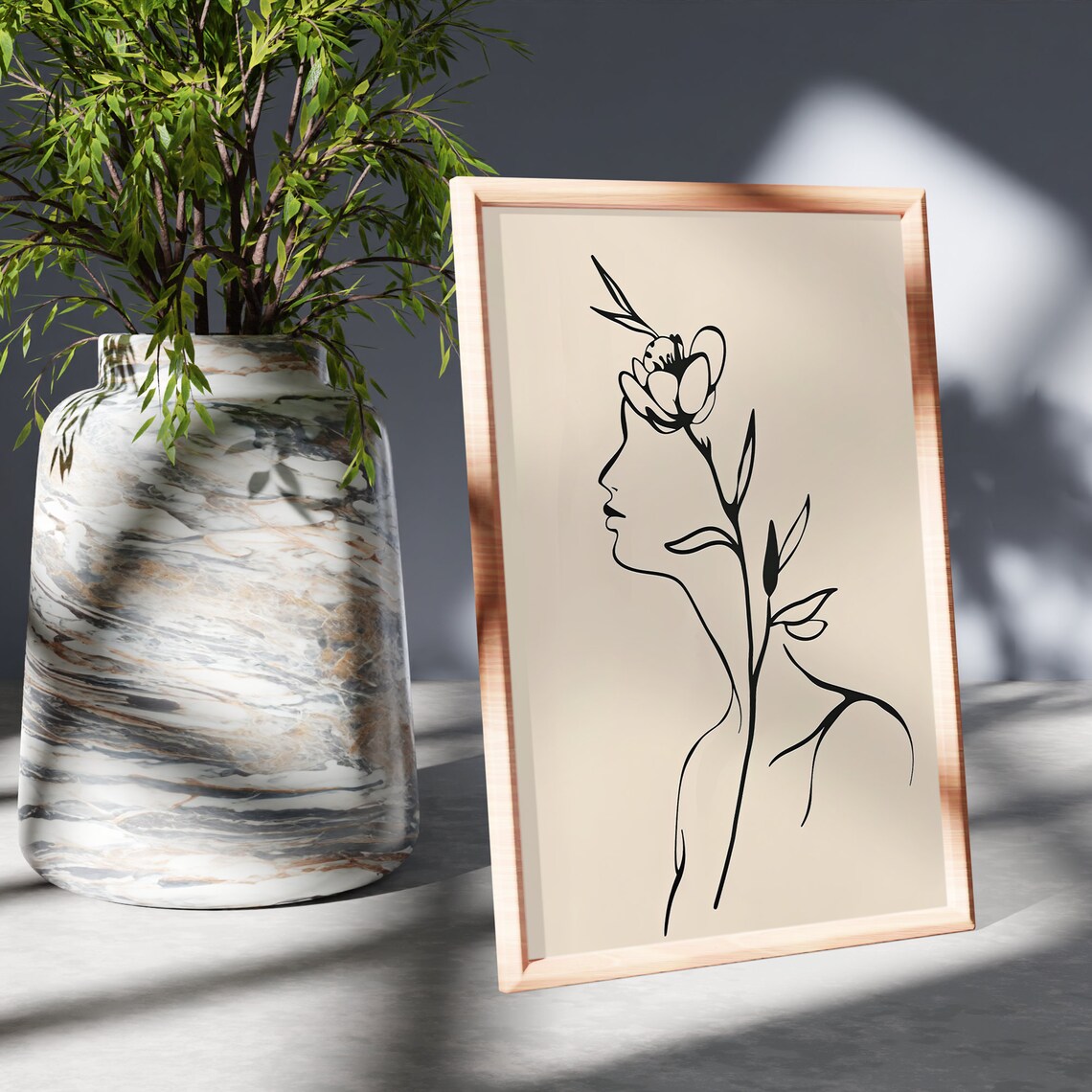 Minimalist Line Art Woman Profile with Flower Beige Art Poster - Image 2