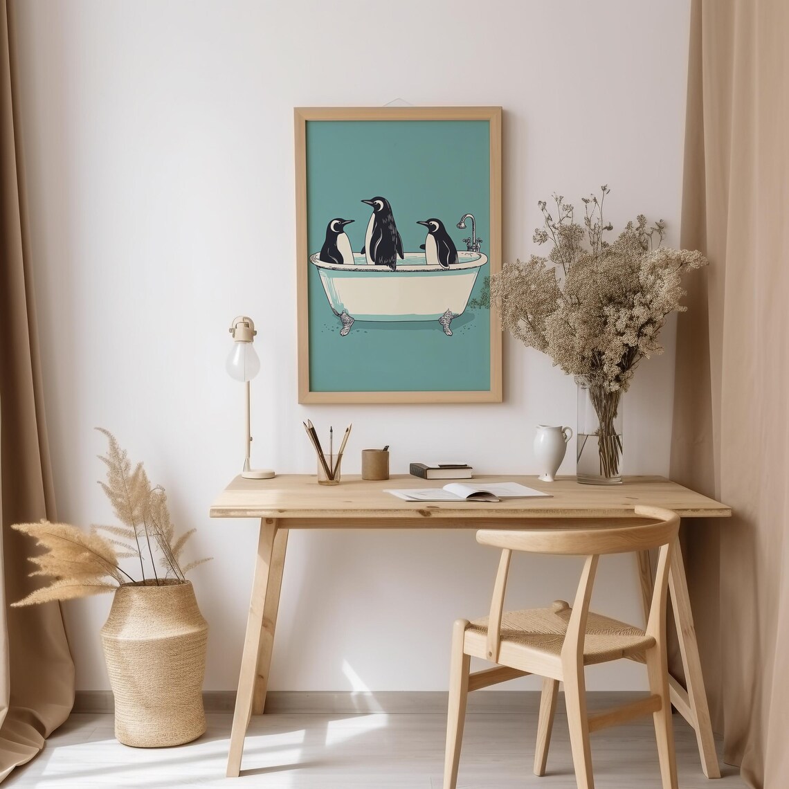 Gentoo Penguins In Clawfoot Bathtub Teal Bathroom Funny Poster - Image 4