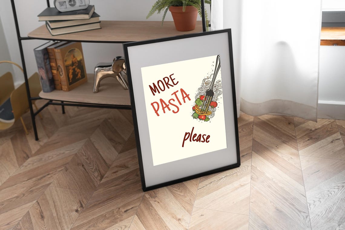 More Pasta Please Spaghetti Fork Illustration Kitchen Fun Poster - Image 5