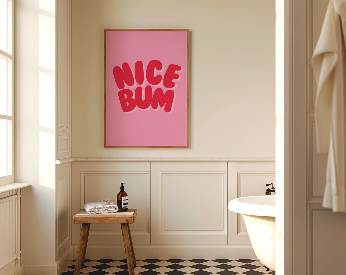 Nice Bum Red Bubble Letters Funny Bathroom Quote Pink Poster - Image 5