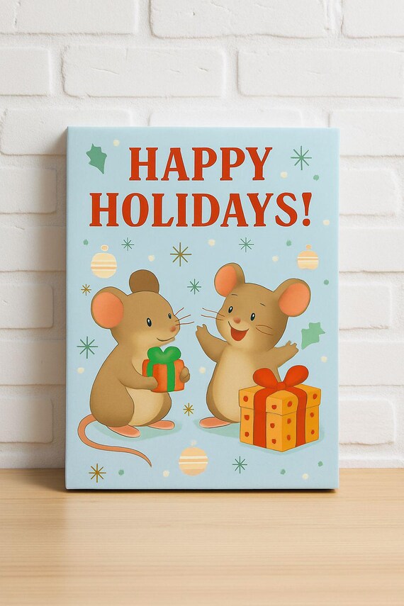 Happy Holidays Two Mice Gifts Ornaments Light Blue Christmas Poster