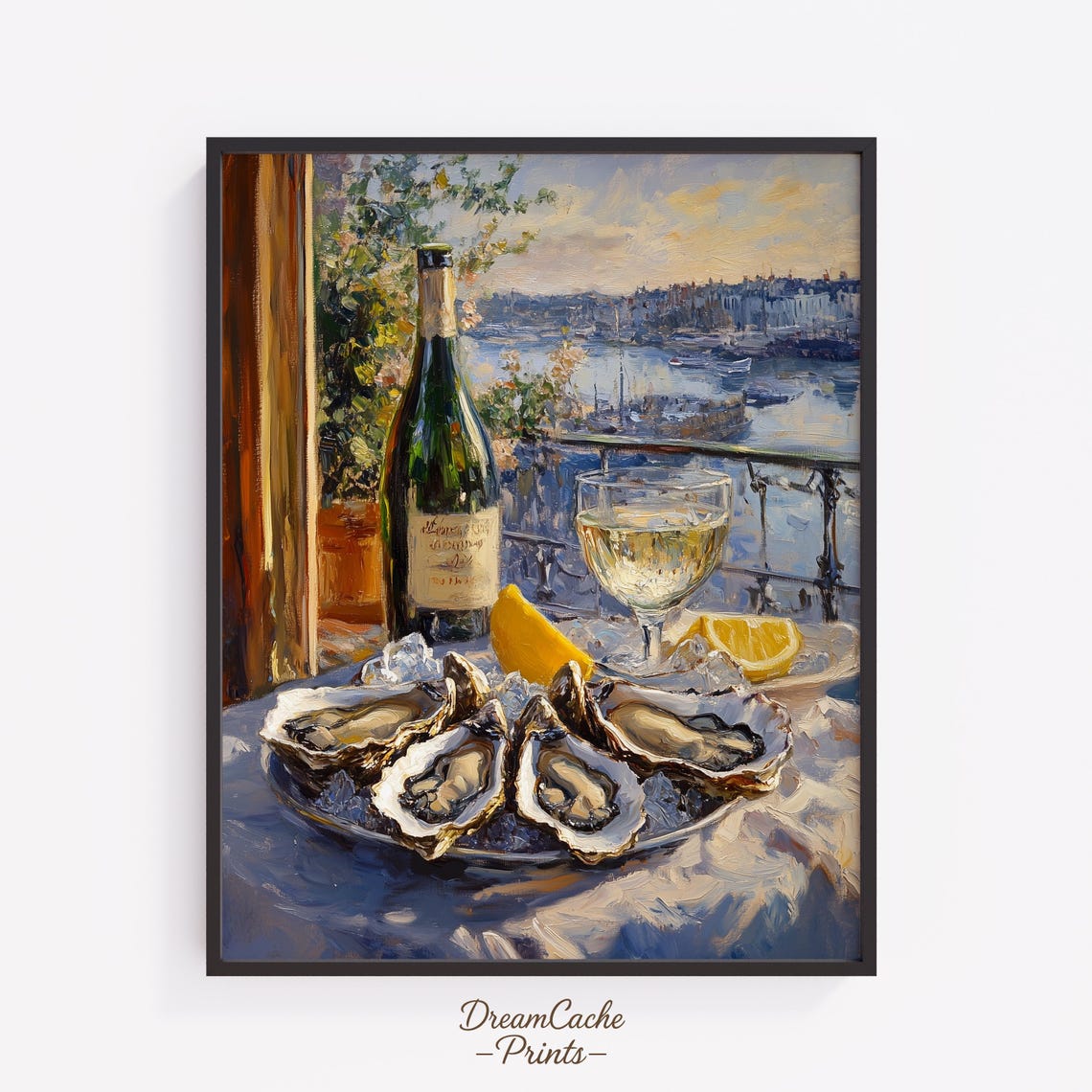 Impressionist Coastal Oyster Dinner Wine Lemon Harbor View Poster