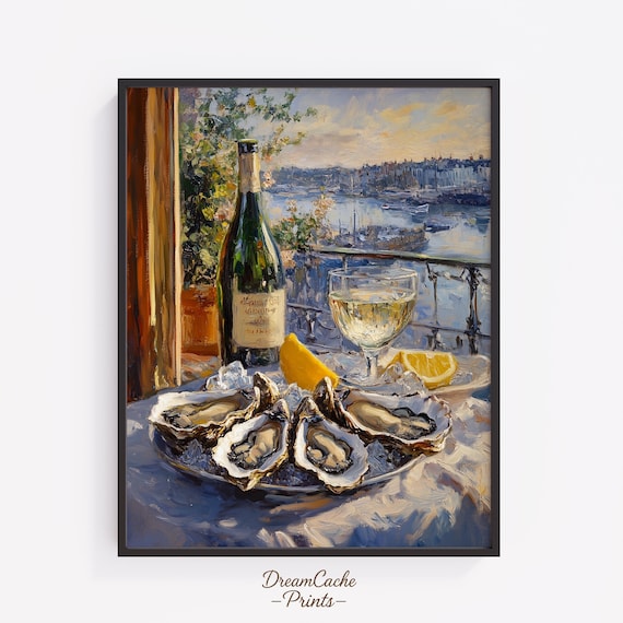 Impressionist Coastal Oyster Dinner Wine Lemon Harbor View Poster