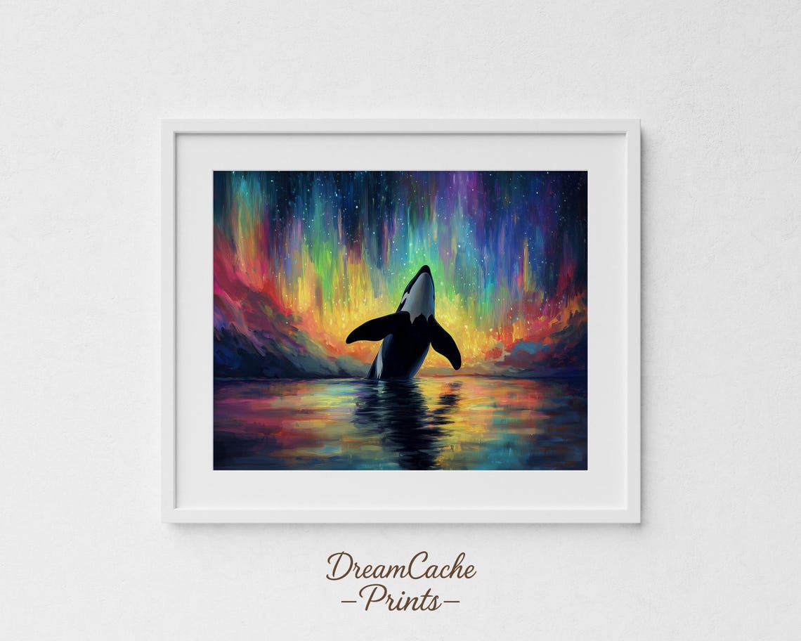 Orca Whale Breaching Under Aurora Borealis Night Sky Art Poster