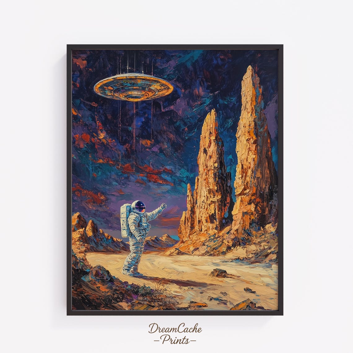 Astronaut Reaching Toward UFO Over Alien Desert Canyon Art Poster
