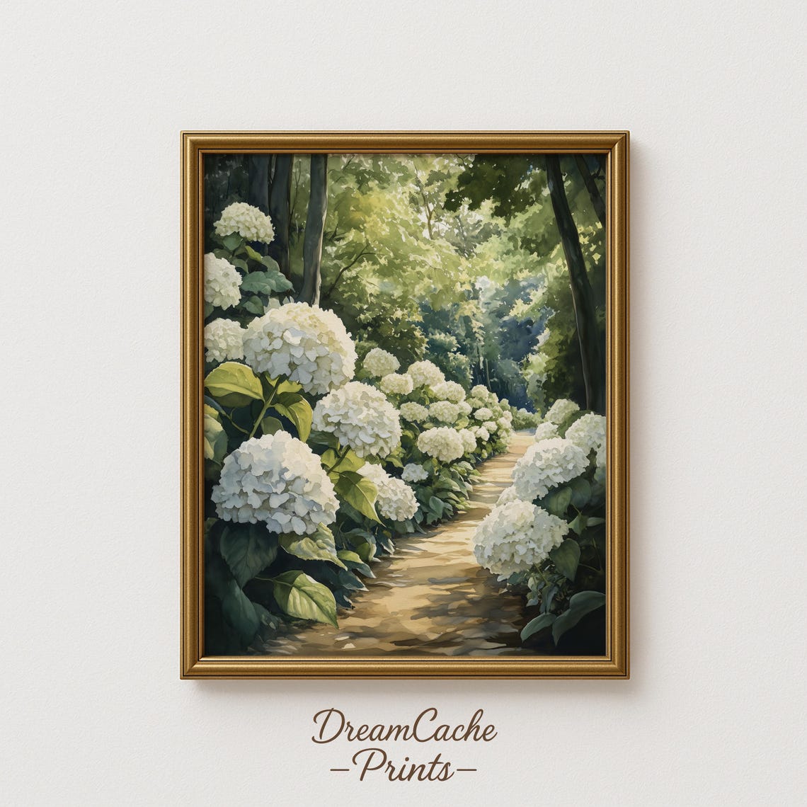 White Hydrangea Garden Path Summer Blooms Floral Watercolor Poster