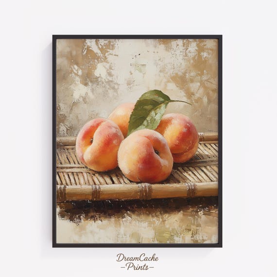 Ripe Peaches On Bamboo Tray Art Summer Fruit Watercolor Rustic Peach Still Life Ink Painting Kitchen Wall Decor Print 123