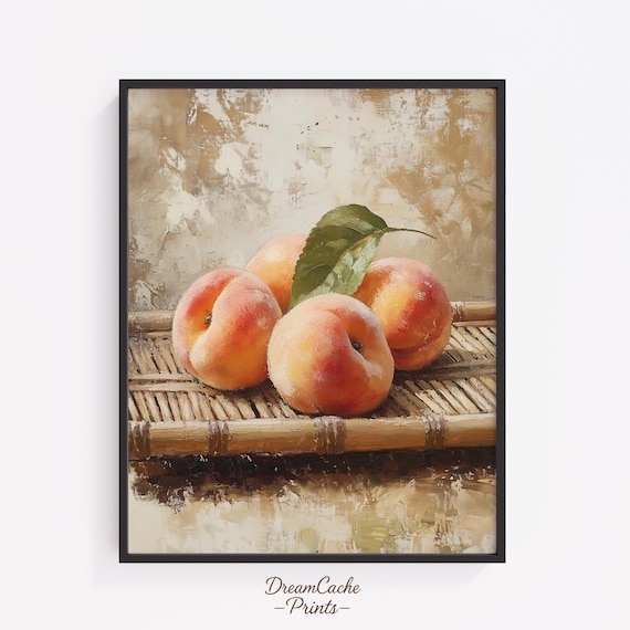 Ripe Peaches Resting On Woven Bamboo Tray Rustic Still Life Print
