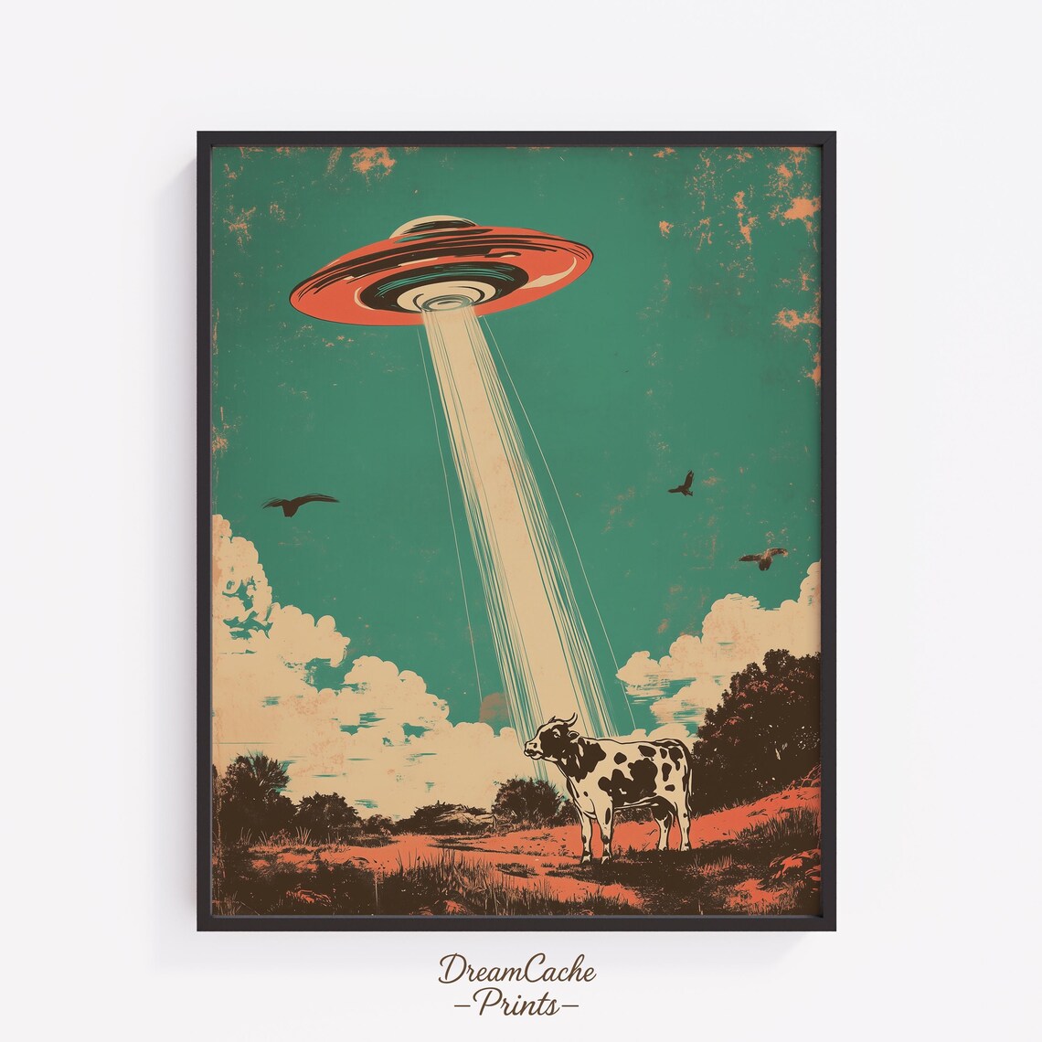 Vintage UFO Poster of Beaming Cow Scene, Space Art