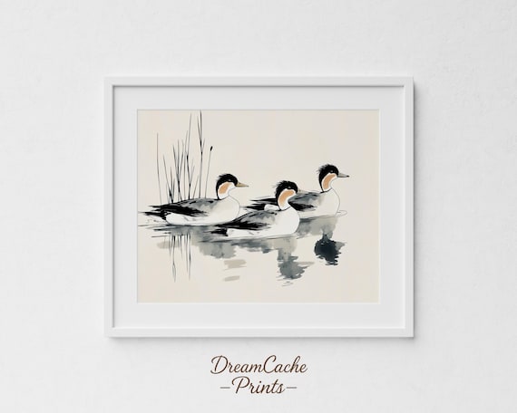Merganser Ducks Trio Minimalist Ink Watercolor Bird Art Poster