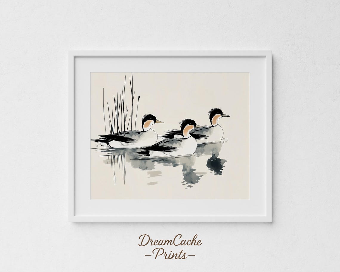 Merganser Ducks Trio Minimalist Ink Watercolor Bird Art Poster