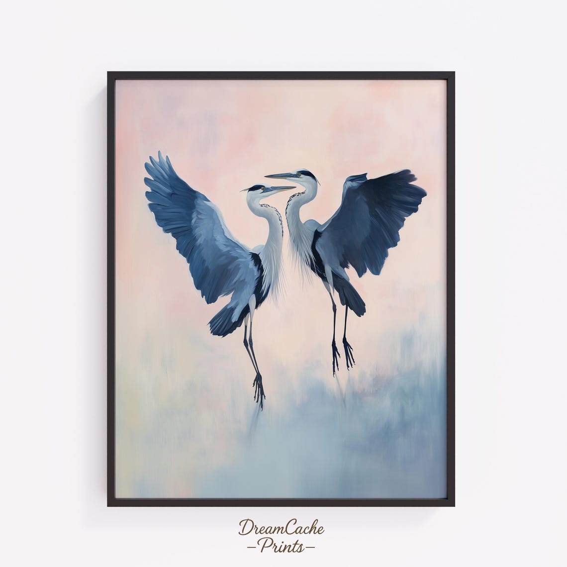 Two Blue Herons In Courtship Dance Against Pastel Sky Poster