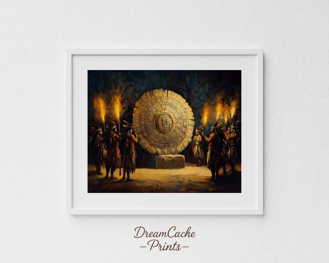 Aztec Stone Calendar With Torchbearers At Night Oil Painting Poster