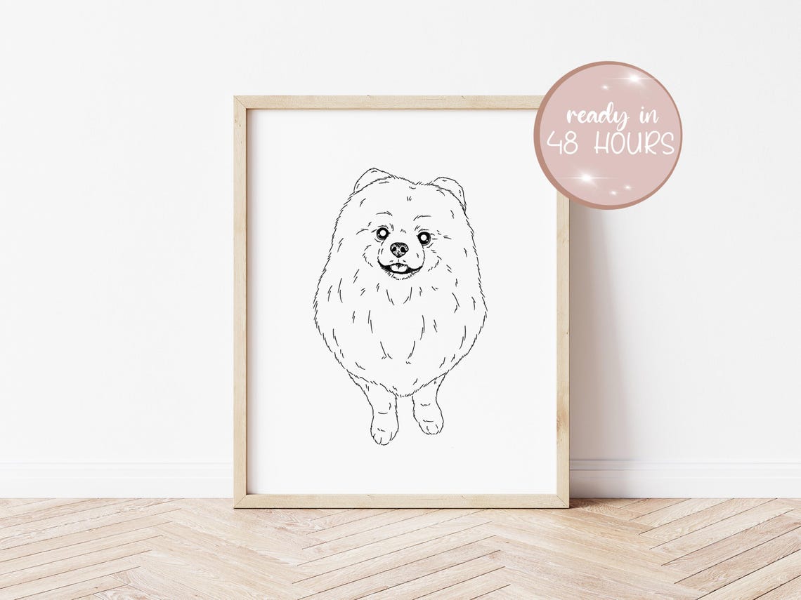 Smiling Pomeranian Line Drawing Minimalist Fluffy Dog Wall Art