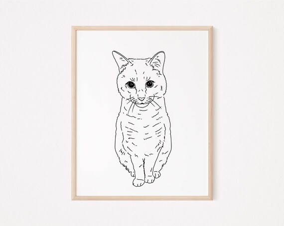 Minimalist Line Drawing Sitting Cat Front View Pet Portrait Poster