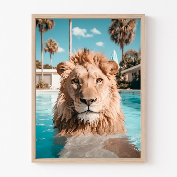 Majestic Lion Swimming in a Turquoise Palm Springs Pool Poster