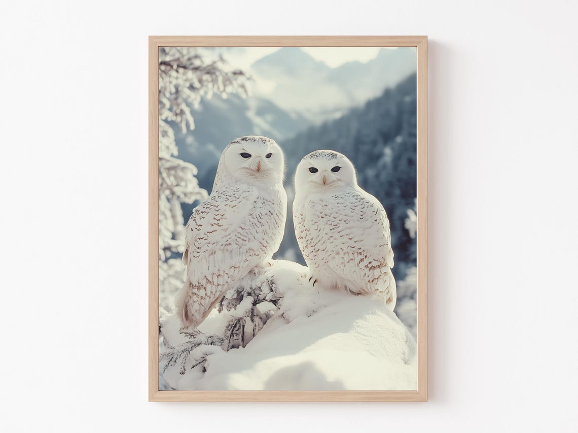 Serene Pair of Snowy Owls Perched on a Frosted Winter Branch Poster