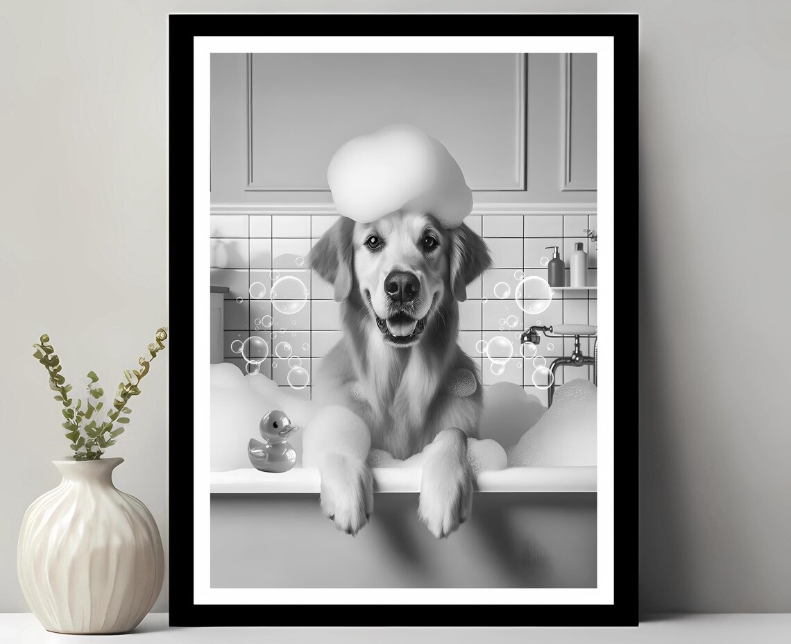 Golden Retriever Wall Art Funny Bathroom Decor Pet Portrait Dog Gift In Bubble Bath