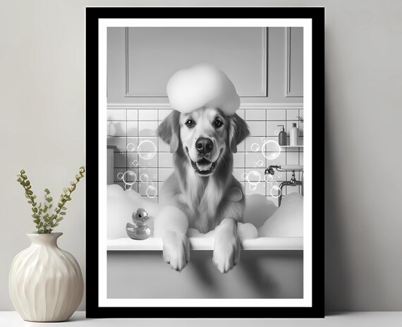Golden Retriever Wall Art Funny Bathroom Decor Pet Portrait Dog Gift In Bubble Bath