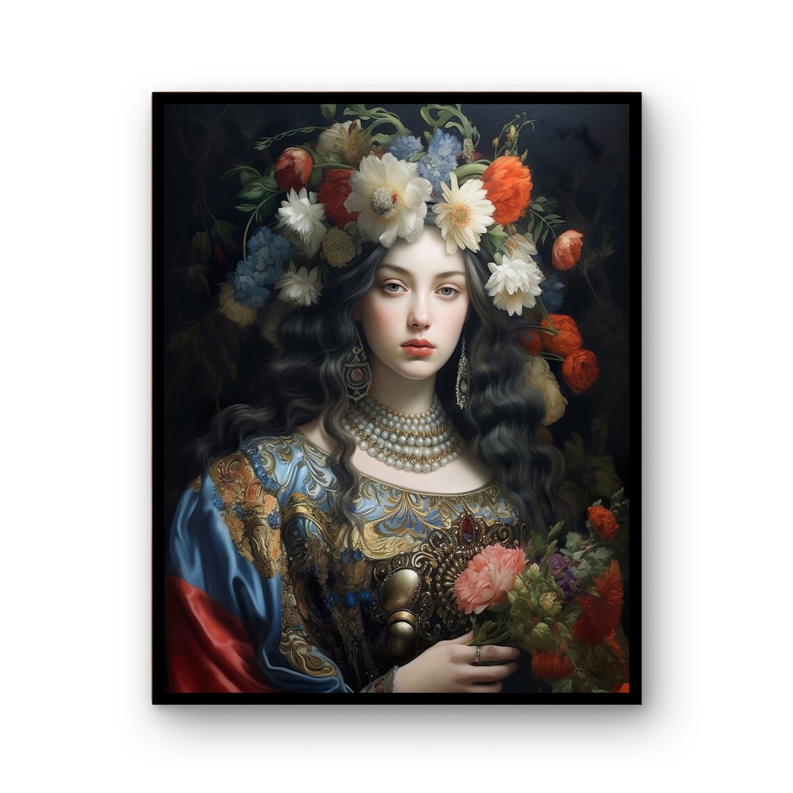 Baroque Floral Crown Woman Oil Painting Dark Elegant Art Poster