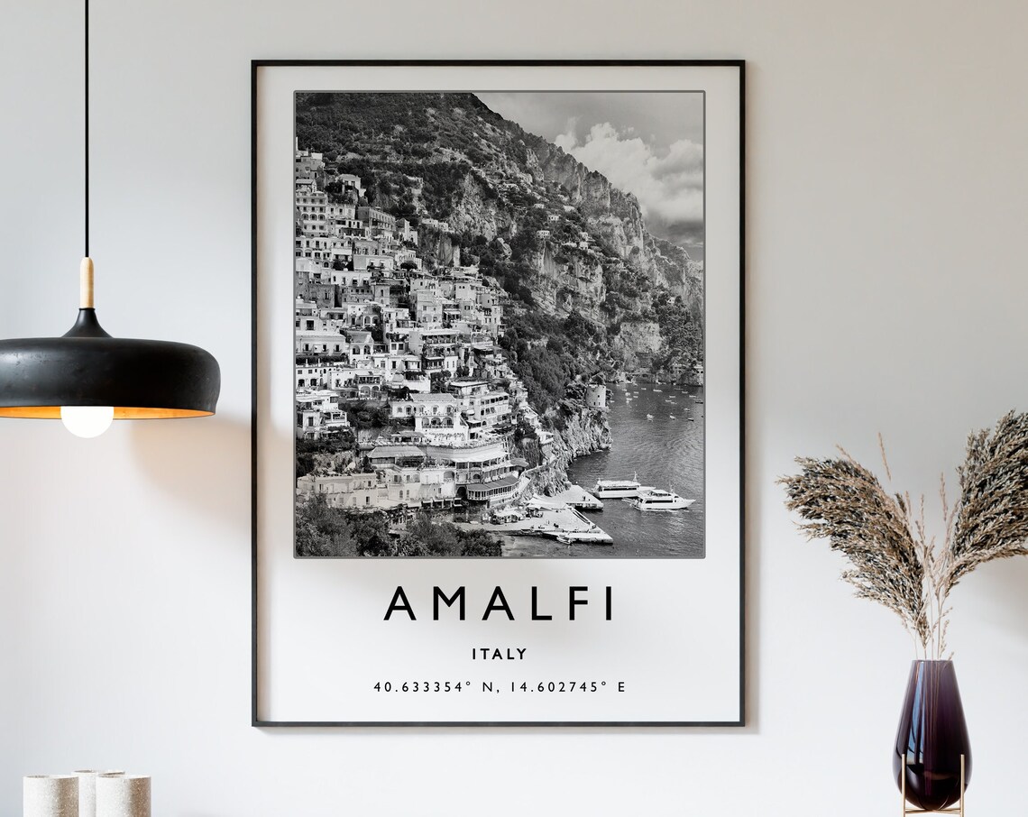 Amalfi Travel Poster, Italy Black And White Print
