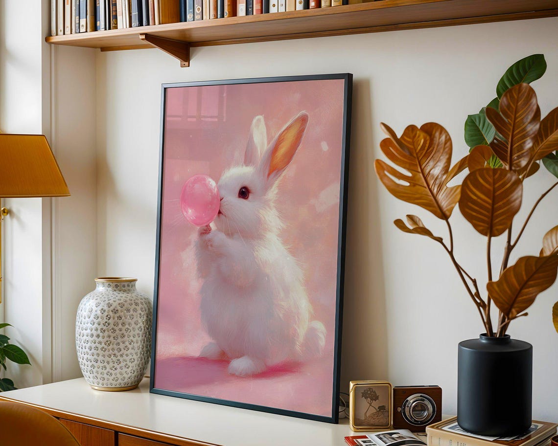 Fluffy White Bunny Blowing Pink Bubble Cute Nursery Art Poster - Image 2