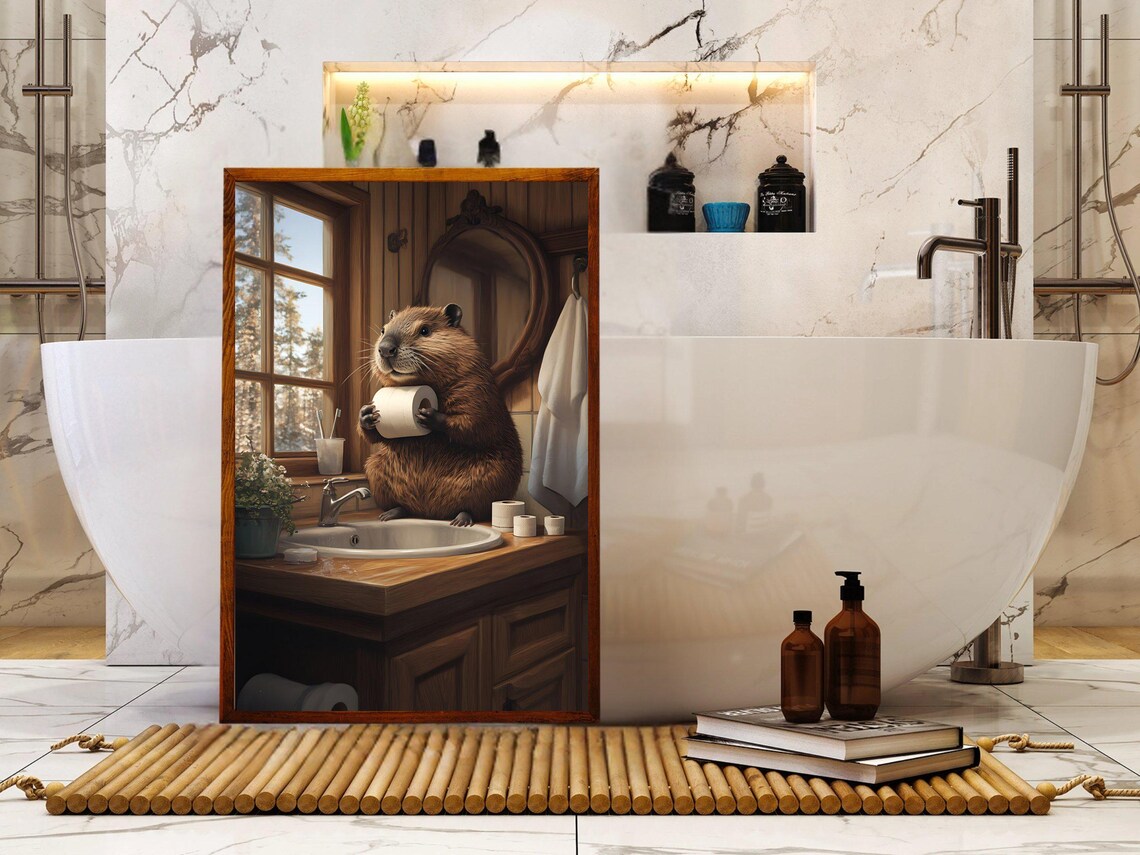 Cheerful Beaver Holding Toilet Paper Sitting on the Bathroom Sink Poster - Image 5