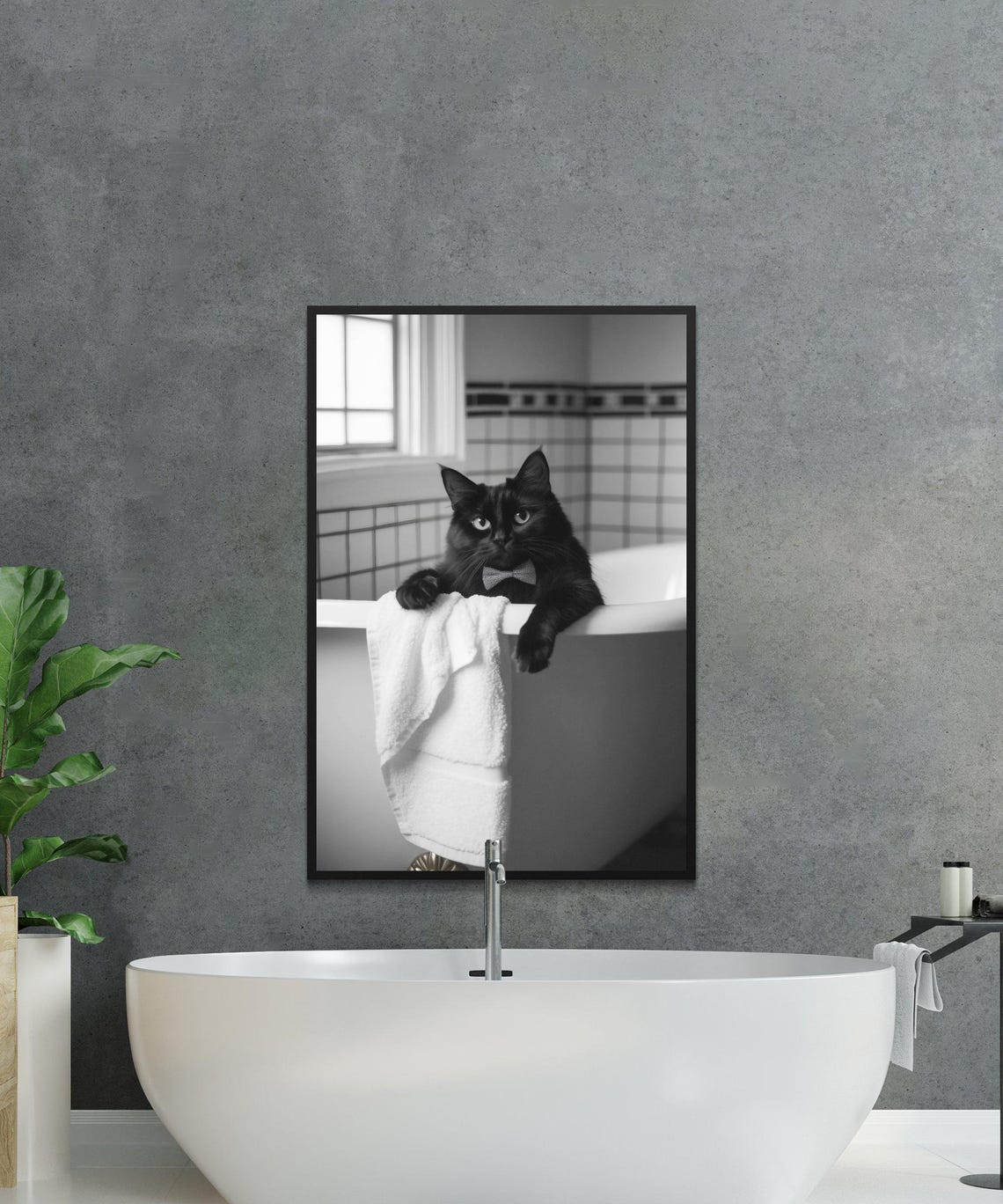 Dapper Black Cat with a Bow Tie Leaning Over a Bathtub Edge Poster - Image 2