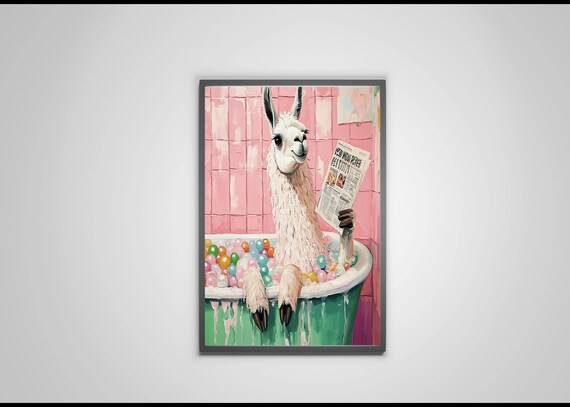 White Llama Sitting In Ball Pit Bathtub Reading Newspaper Poster